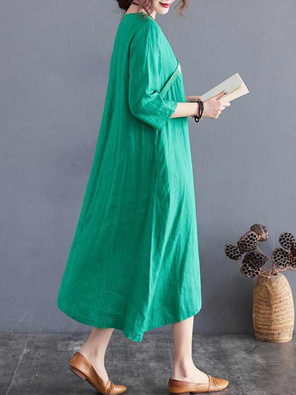 Cotton Blend V-Neck Embroidered Midi Dress