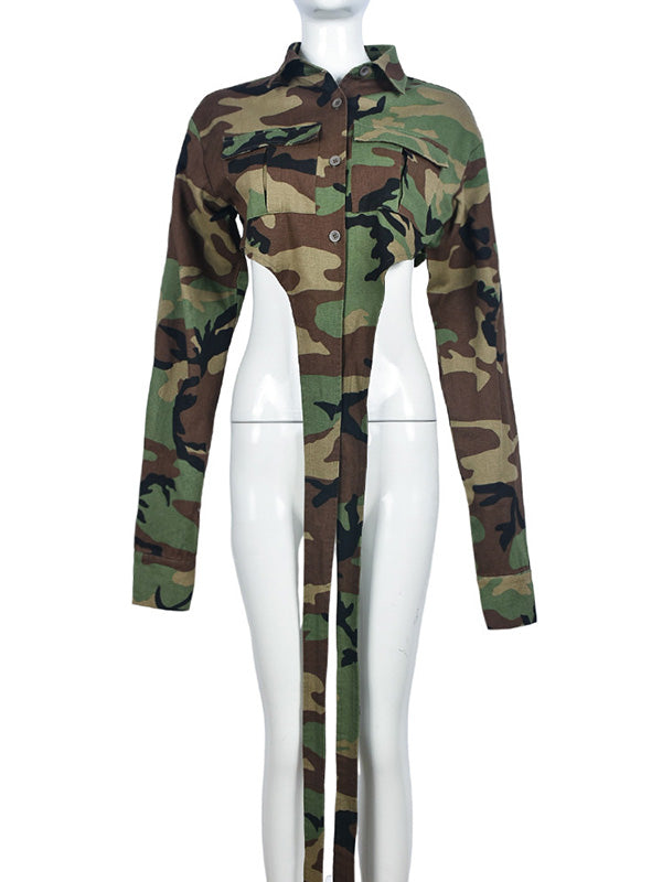 Buttoned Camouflage Pockets Tied Long Sleeves Loose Lapel Outerwear