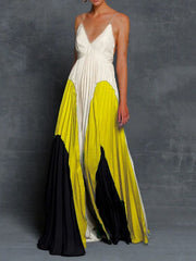 Contrast Color Pleated Printed Split-Joint Loose Sleeveless Spaghetti-Neck Maxi Dresses
