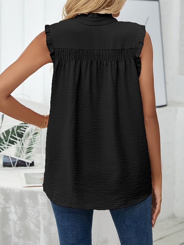 Pleated Solid Color Loose Sleeveless Stand Collar Vest Top