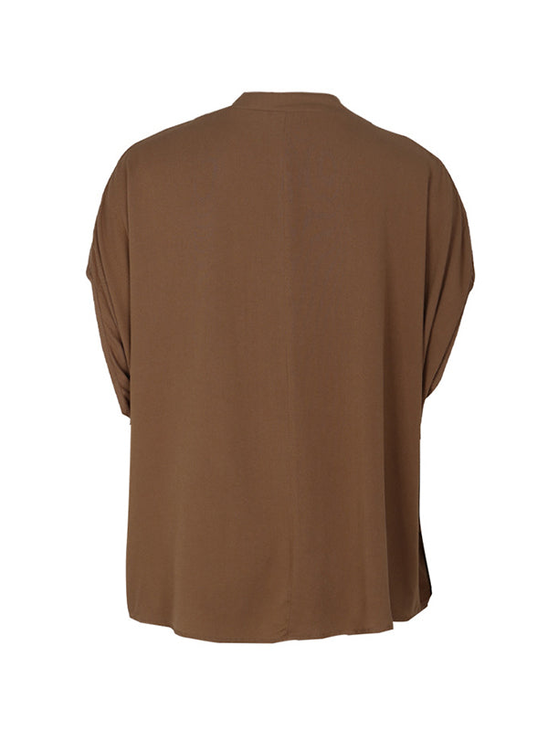 Solid Color Split-Joint Batwing Sleeves Loose V-Neck T-Shirts