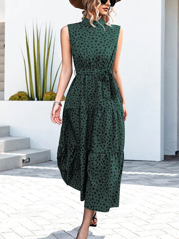 Casual Loose Sleeveless Tied Contrast Color Polka-Dot Stand Collar Maxi Dresses
