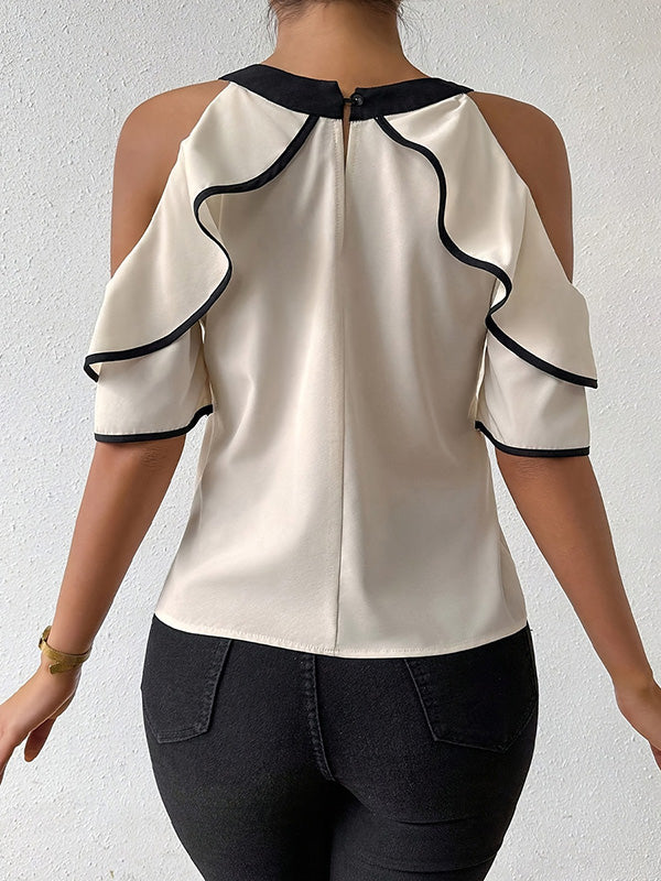 Contrast Color Double Layered Tied Loose Short Sleeves Cold Shoulder Blouses&Shirts Tops