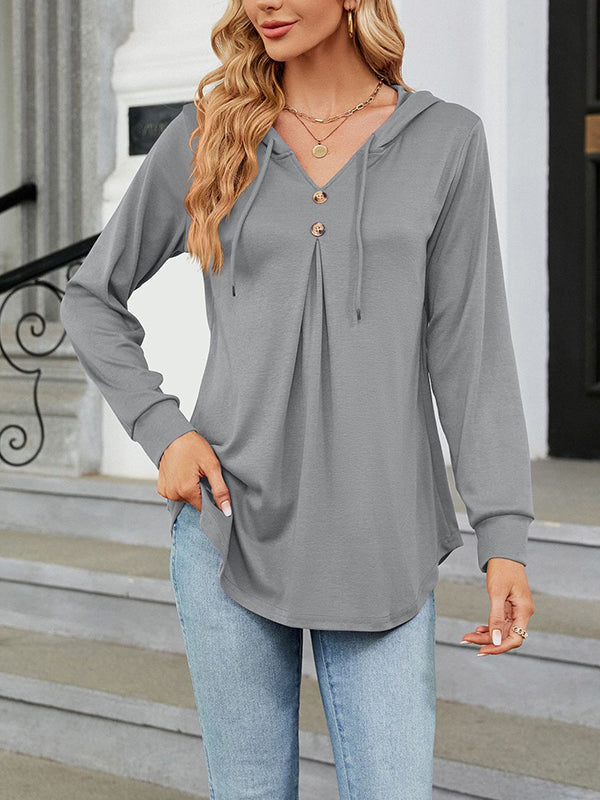 Buttoned Drawstring Hooded Solid Color Long Sleeves Loose V-Neck T-Shirts Tops