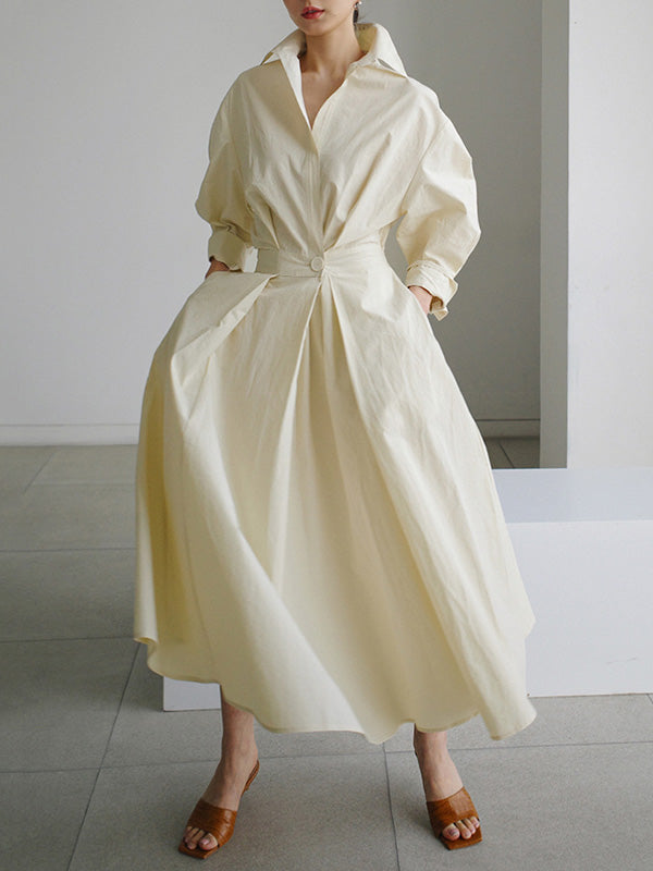 Original Solid Color Lapel Long Sleeves Midi Dress