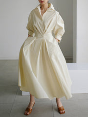 Original Solid Color Lapel Long Sleeves Midi Dress