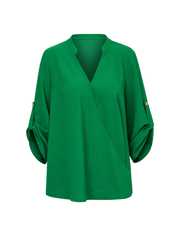 Asymmetric Buttoned Solid Color Long Sleeves Loose V-Neck Blouses&Shirts Tops