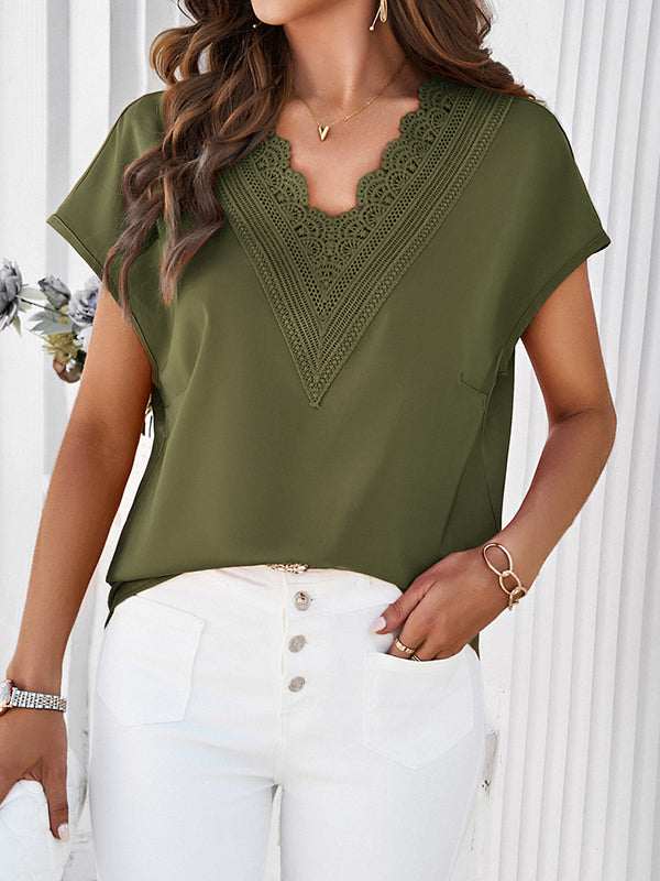 Embroidered Hollow Solid Color Split-Joint Loose Raglan Sleeve V-Neck T-Shirts Tops