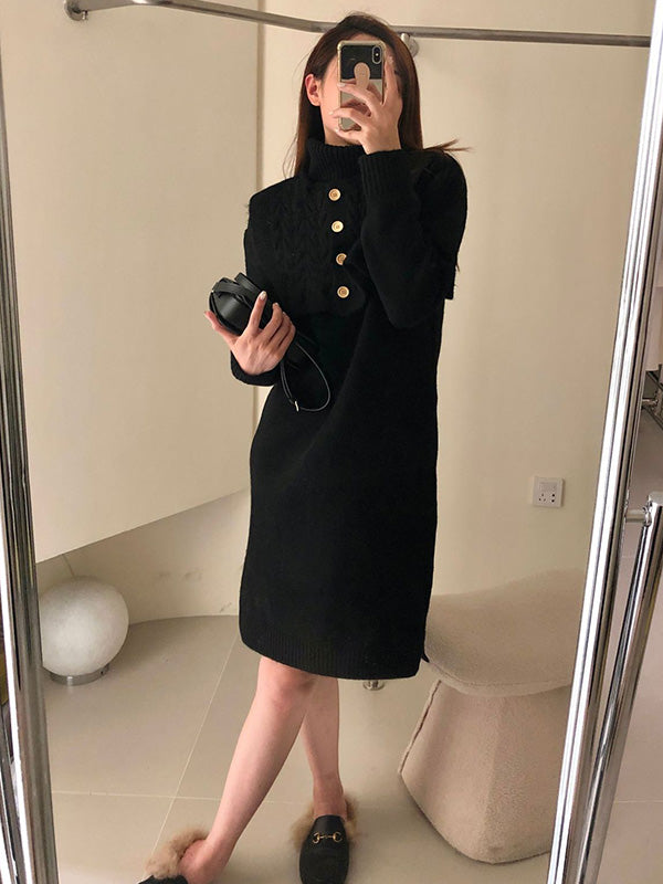 Original Stylish Buttoned Shawl High-Neck Long Sleeves Sweater Dress