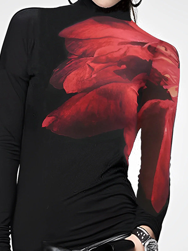 Asymmetric Printed Split-Joint Long Sleeves Skinny High Neck T-Shirts Tops