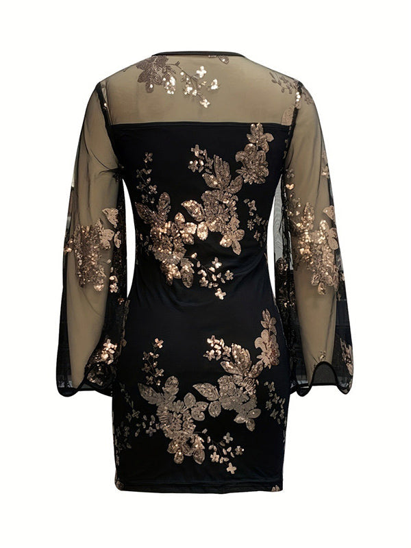 Mesh Sequined Split-Joint Bodycon Long Sleeves Round-Neck Mini Dresses