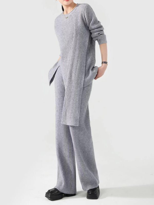 Loose Asymmetric Solid Color Long Sleeves Split-Front Round-Neck Sweater Top + Pants Bottom Two Pieces Set