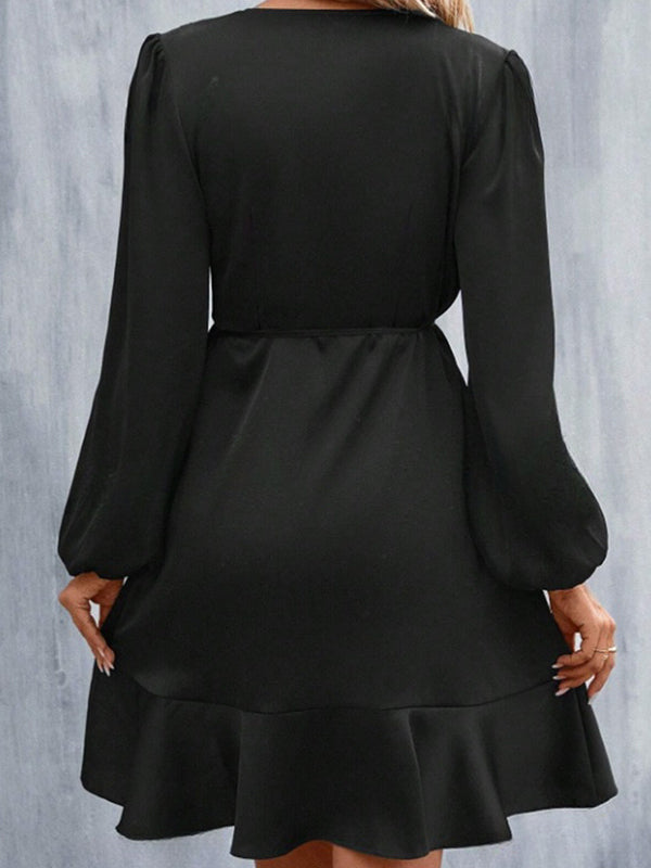 Elasticity Pleated Solid Color Split-Joint Tied High Waisted High-Low V-Neck Mini Dresses