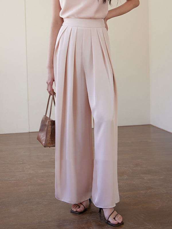 Elasticity Pleated Solid Color High Waisted Wide Leg Trousers Pants