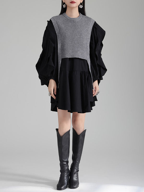 Ruffled Split-Joint Long Sleeves Loose Round-Neck Inner Mini Shirt Dress + Outer Vest Two Pieces Set