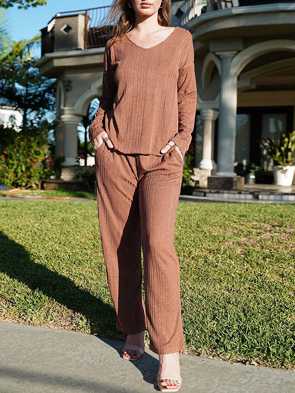 Solid Color Long Sleeves Loose V-Neck Shirt Top + Pants Bottom Pajama Sets