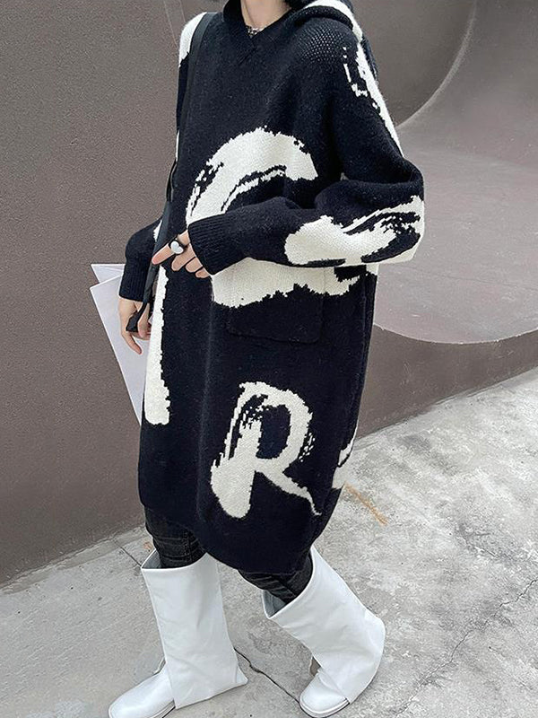 Knitted Letters Pockets Long Sleeves Loose Hooded Sweater Dresses Mini Dresses