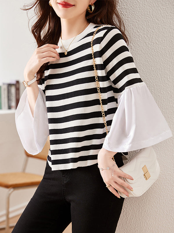 Pleated Split-Joint Striped Flared Sleeves Long Sleeves Round-neck T-Shirts Tops