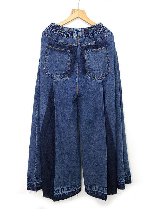 Elasticity Fringed Pleated Loose Wide Leg Jean Pants Bottoms