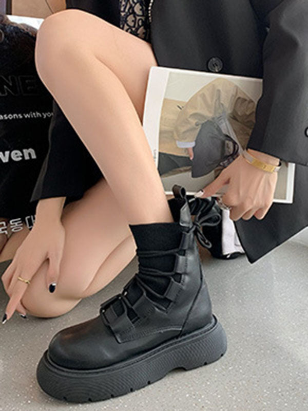 Lace-Up Round-Toe Solid Color Split-Joint Platform Shoes Dr. Martens Boots Boots