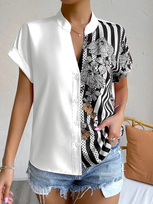 Buttoned Contrast Color Flower Print Striped Loose Short Sleeves V-Neck Blouses&Shirts Tops