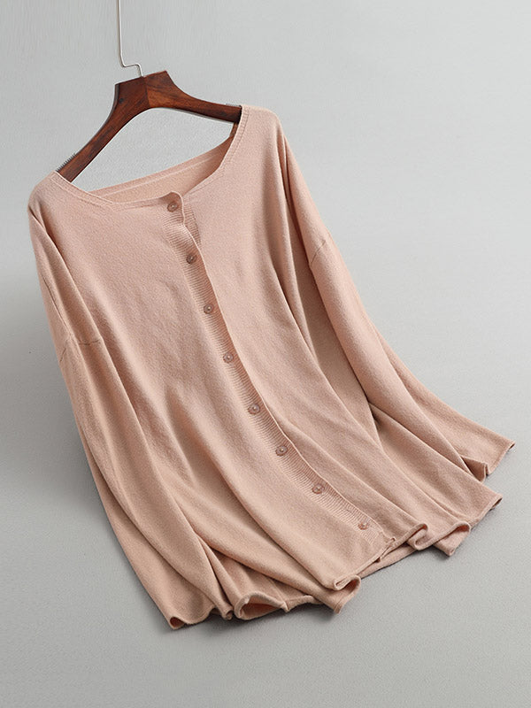 Buttoned Solid Color Long Sleeves Loose V-Neck Cardigan Tops