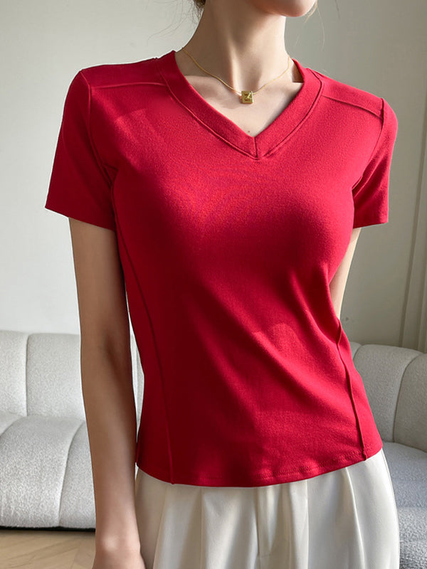Solid Color Split-Joint Short Sleeves Skinny V-Neck T-Shirts