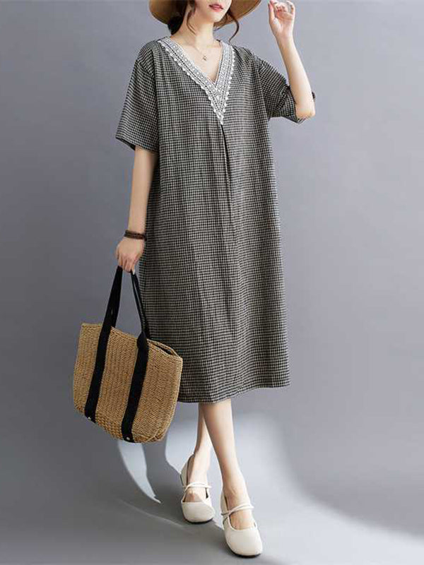 Plaid Pleated Split-Joint A-Line Half Sleeves V-Neck Midi Dresses