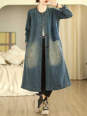 Buttoned Pockets A-Line Long Sleeves Round-Neck Outerwear Midi Dresses