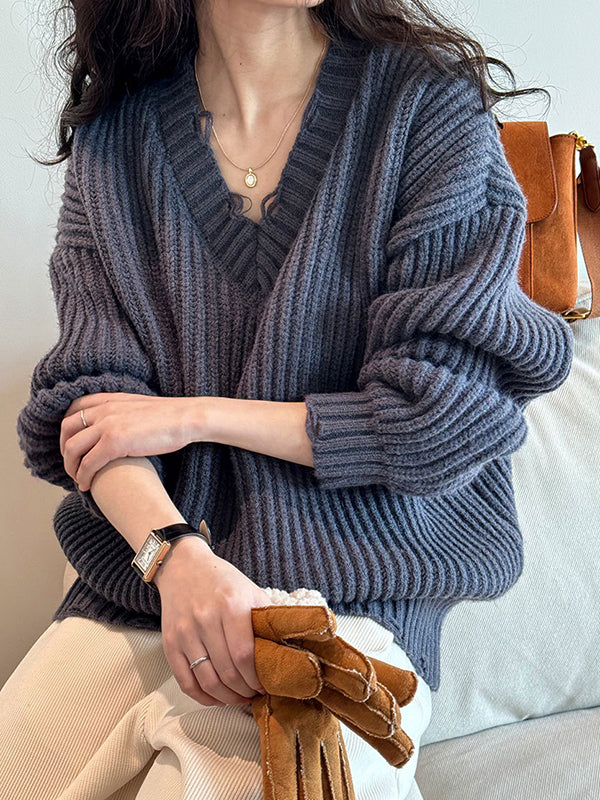 Hollow Solid Color Long Sleeves Loose V-Neck Sweater Tops Pullovers