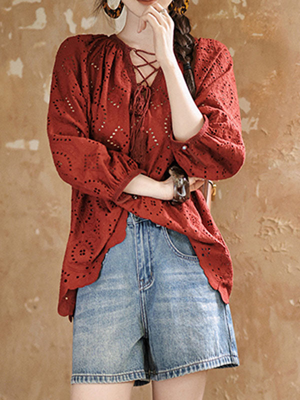 Hollow Pleated Solid Color Split-Joint Tied Long Sleeves Loose V-Neck Blouses&Shirts Tops