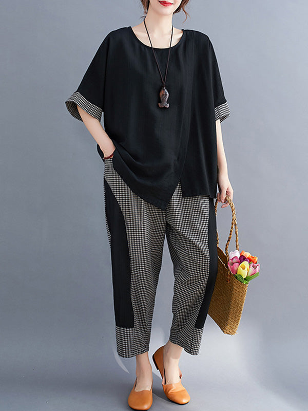 Plaid Split-Joint Asymmetric T-Shirt&Pants Suits