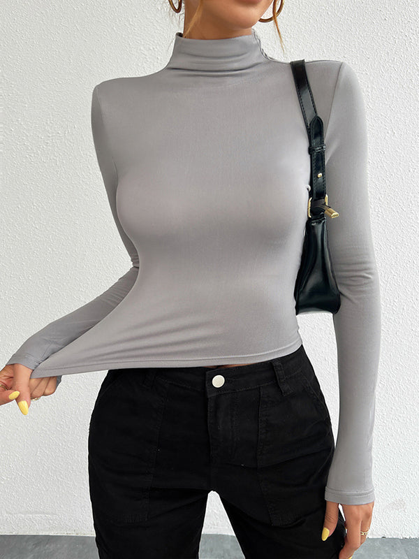 Solid Color Long Sleeves Skinny High Neck T-Shirts Tops