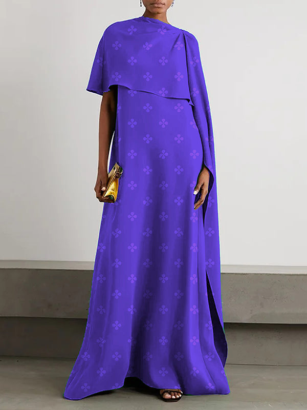 Asymmetric Hollow Printed Capelet Loose Boat Neck Maxi Dresses