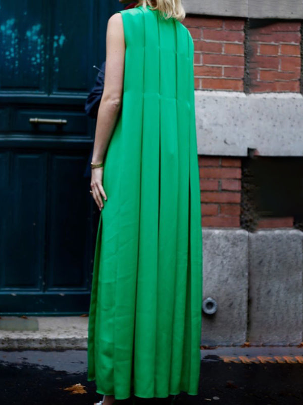 Pleated Solid Color Split-Joint A-Line Loose Round-Neck Maxi Dresses