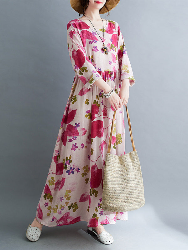 Flower Print Split-Joint Long Sleeves Loose Round-Neck Midi Dresses