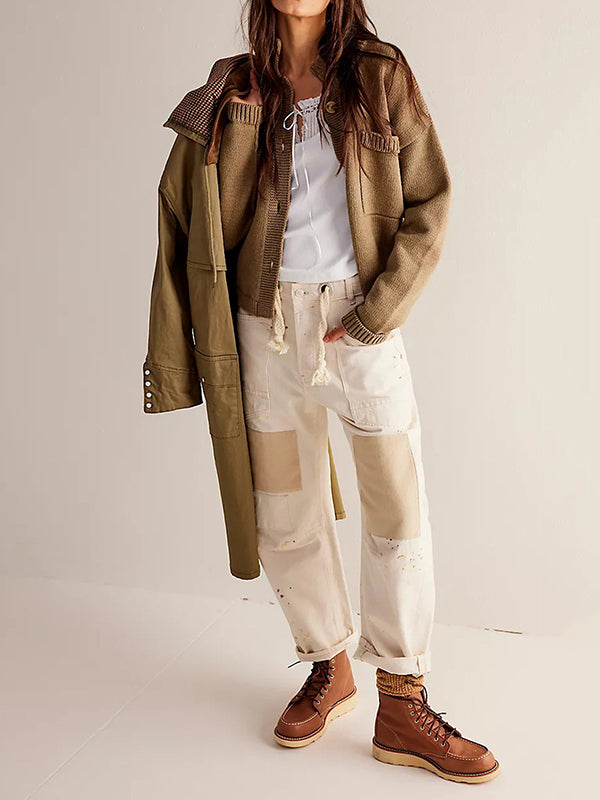 Buttoned Pockets Solid Color Split-Joint Long Sleeves Loose Stand Collar Cardigan Tops