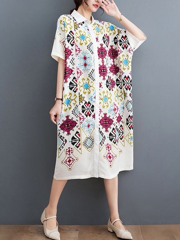Ethnic Printed Loose Short Sleeves Lapel Midi Dresses