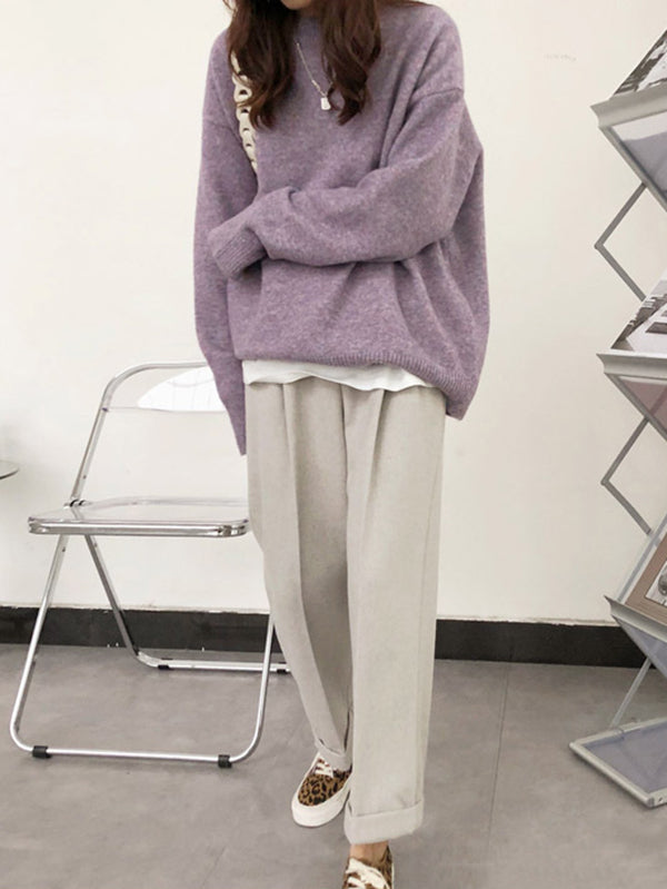 Simple Loose Long Sleeves Round-Neck Sweater Tops Pullovers