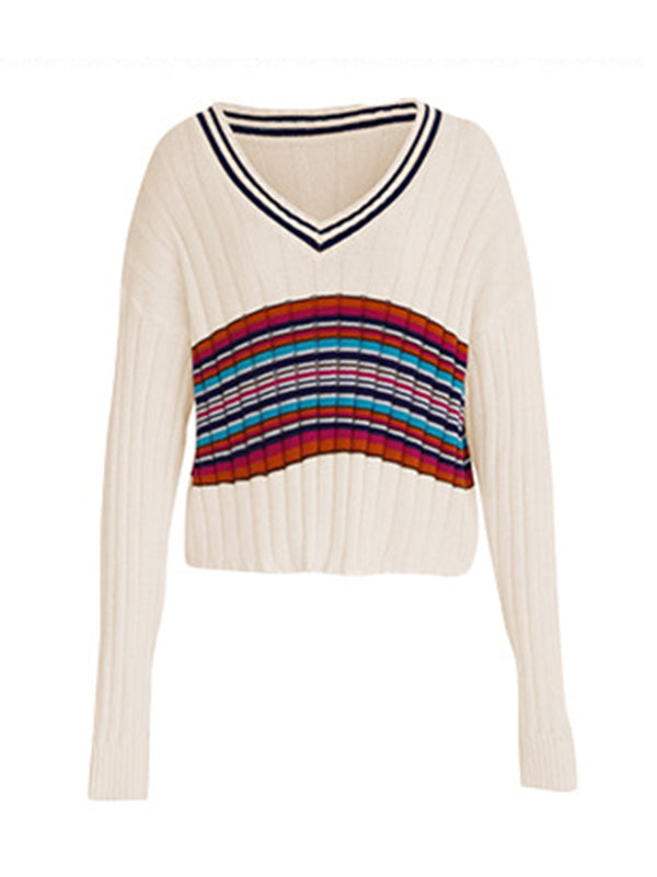 Casual Long Sleeves Striped V-Neck Sweater Tops