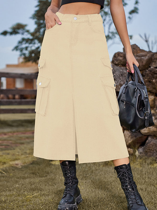 Pockets Split-Front Split-Joint A-Line Loose Denim Skirts