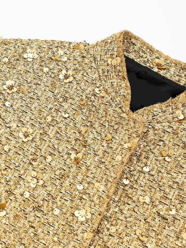 Elasticity Sequined Split-Joint Long Sleeves Loose Stand Collar Outerwear