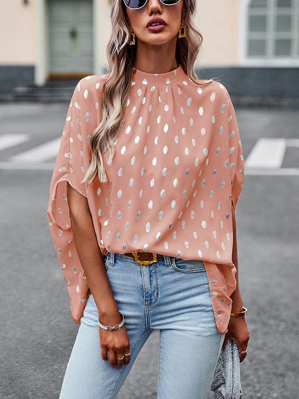 Bandage Polka Dot Loose Round-Neck Blouses&Shirts Tops