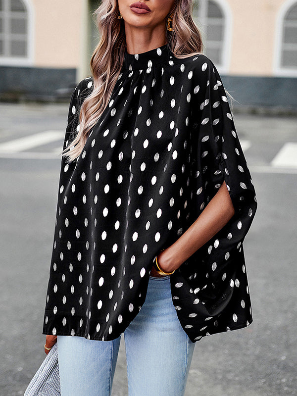 Bandage Polka Dot Loose Round-Neck Blouses&Shirts Tops