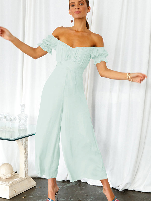 13 Colors Puff Sleeves Solid Color Cold Shoulder Wide Leg Jumpsuits
