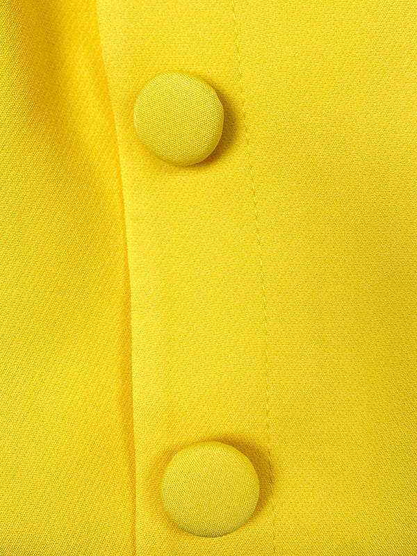 Buttoned Solid Color Flared Sleeves High Waisted Mock Neck Midi Dresses