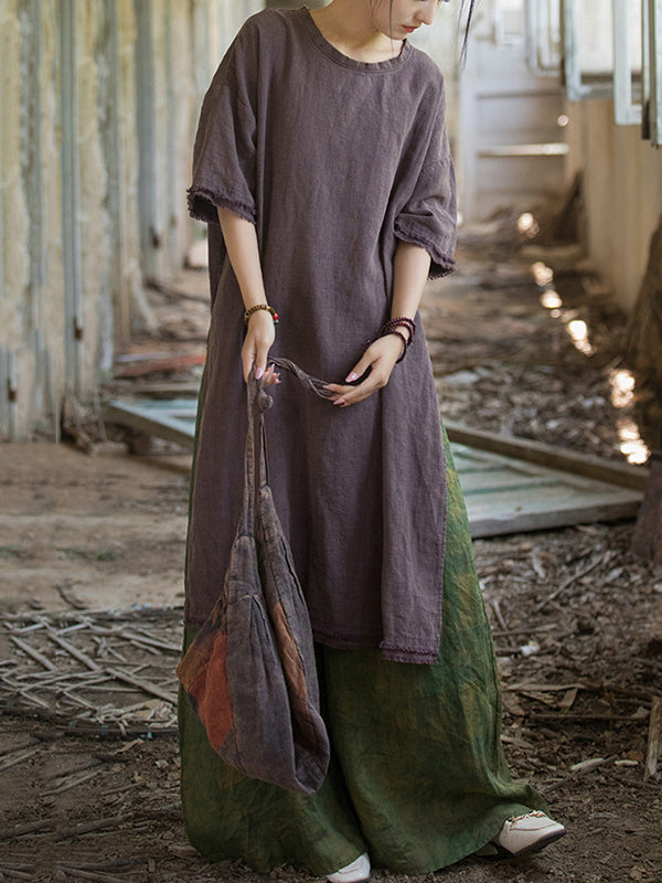Fringed Solid Color Split-Side Half Sleeves Round-Neck Midi Dresses