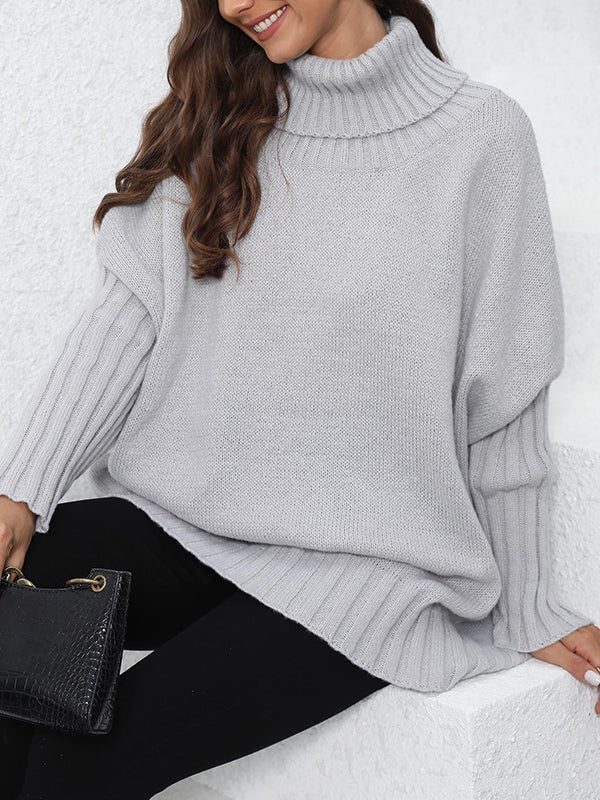 Pleated Solid Color Split-Joint Long Sleeves Loose High Neck Sweater Tops