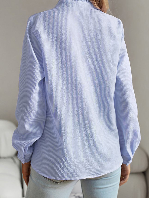 Asymmetric Pleated Ruffled Split-Joint Striped Long Sleeves Loose Stand Collar Blouses&Shirts Tops