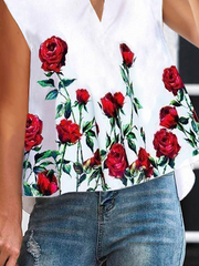 Flower Print Split-Joint A-Line High-Low Lapel Blouses&Shirts Tops